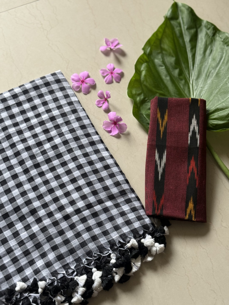 Image of BLACK GINGHAM CHECKS  MULMUL COTTON SARI