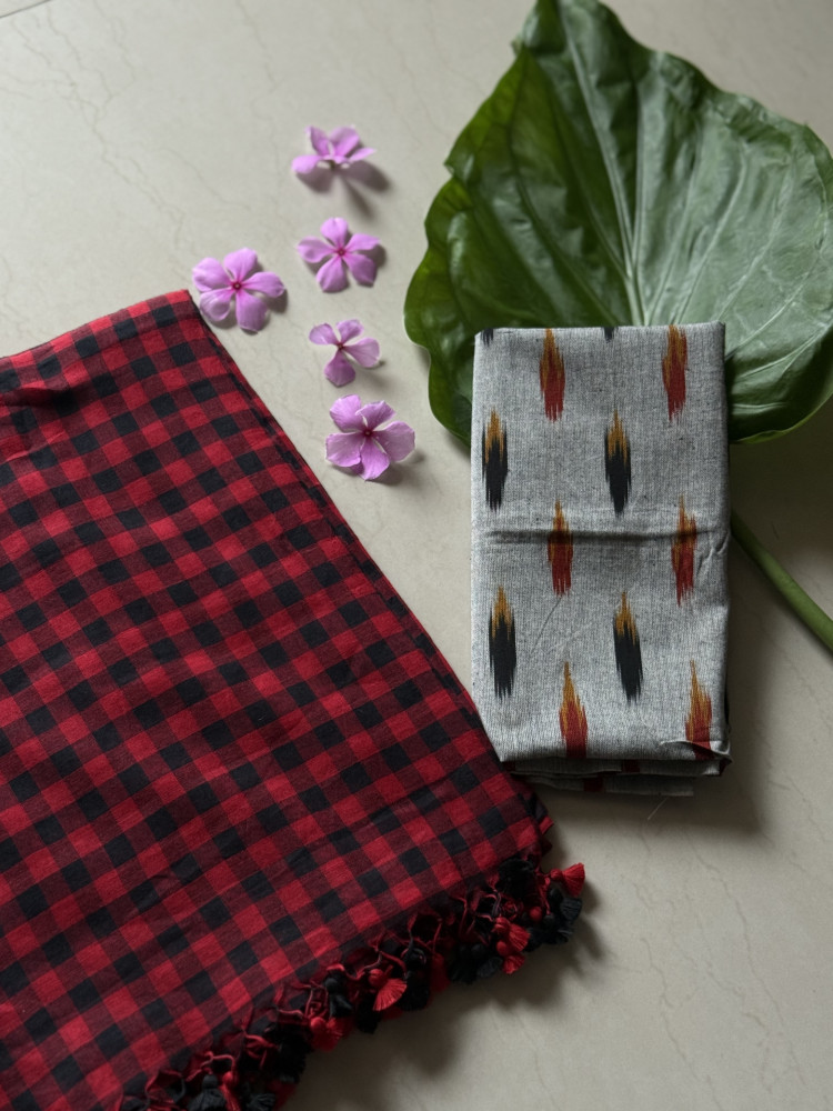 Image of RED-BLACK GINGHAM CHECKS  MULMUL COTTON SARI