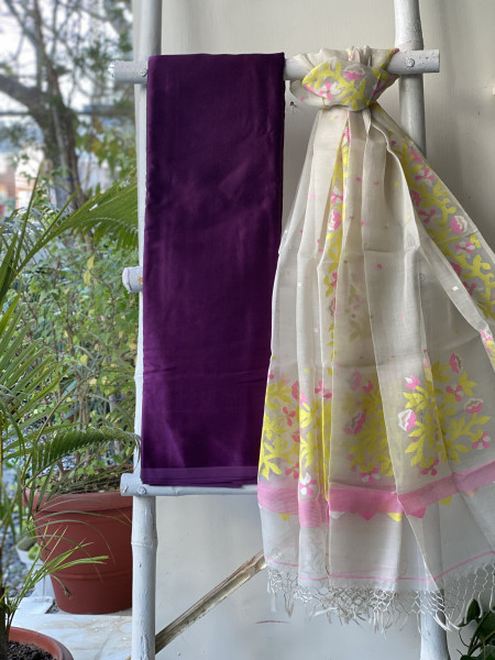 PURPLE-OFF WHITE JAMDANI MUSLIN SILK DUPATTA SET
