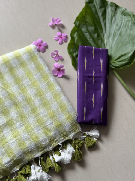 LIME GREEN GINGHAM CHECKS  MULMUL COTTON SARI
