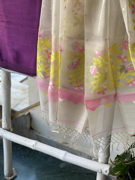 PURPLE-OFF WHITE JAMDANI MUSLIN SILK DUPATTA SET