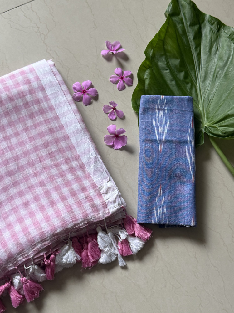 Image of POWDER PINK GINGHAM CHECKS  MULMUL COTTON SARI