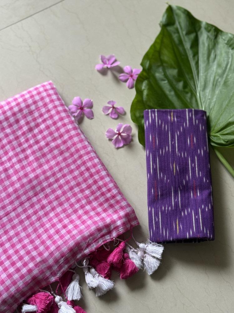 Image of PINK GINGHAM CHECKS  MULMUL COTTON SARI