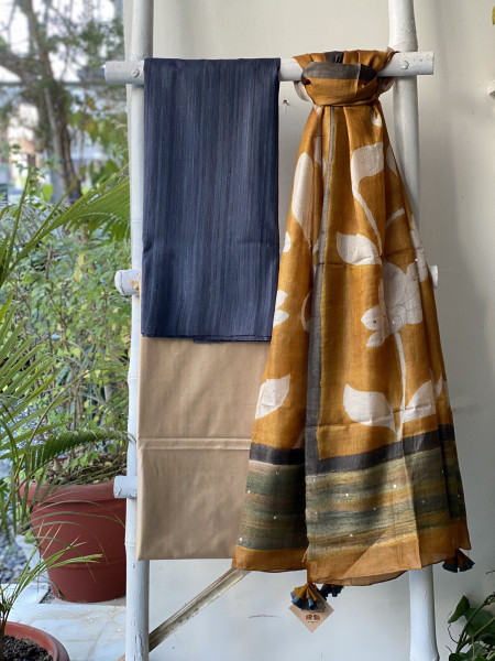 CHARCOAL-MUSTARD TUSSAR SILK HAND PAINTED DUPATTA SET