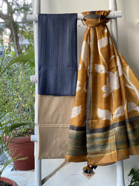 CHARCOAL-MUSTARD TUSSAR SILK HAND PAINTED DUPATTA SET