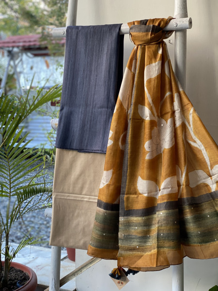 CHARCOAL-MUSTARD TUSSAR SILK HAND PAINTED DUPATTA SET