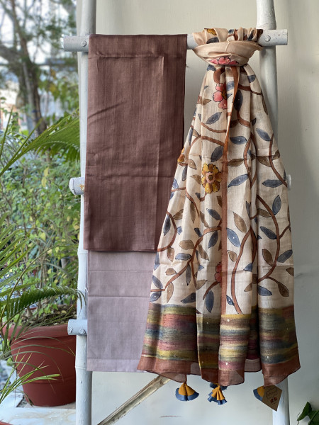 BROWN-OFF-WHITE TUSSAR SILK HAND PAINTED DUPATTA SET