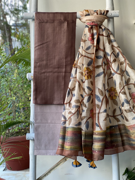 BROWN-OFF-WHITE TUSSAR SILK HAND PAINTED DUPATTA SET