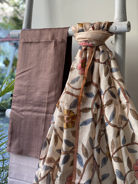 BROWN-OFF-WHITE TUSSAR SILK HAND PAINTED DUPATTA SET