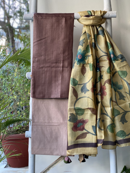 BROWN-YELLOW TUSSAR SILK HAND PAINTED DUPATTA SET