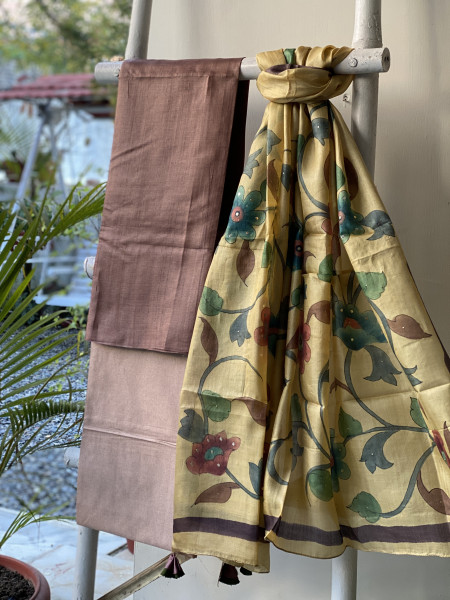 BROWN-YELLOW TUSSAR SILK HAND PAINTED DUPATTA SET
