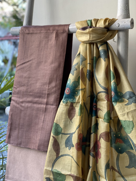 BROWN-YELLOW TUSSAR SILK HAND PAINTED DUPATTA SET