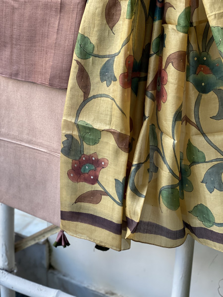 BROWN-YELLOW TUSSAR SILK HAND PAINTED DUPATTA SET