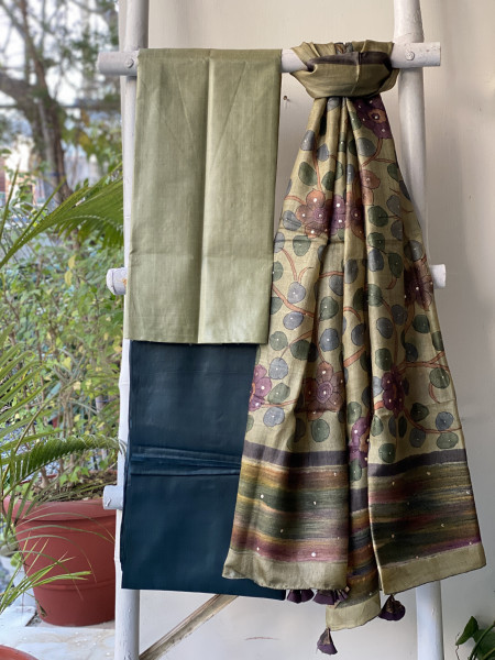 PISTA GREEN TUSSAR SILK HAND PAINTED DUPATTA SET
