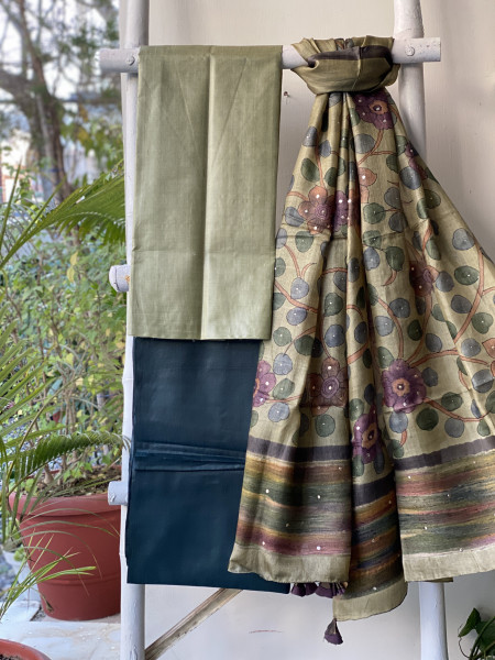 PISTA GREEN TUSSAR SILK HAND PAINTED DUPATTA SET