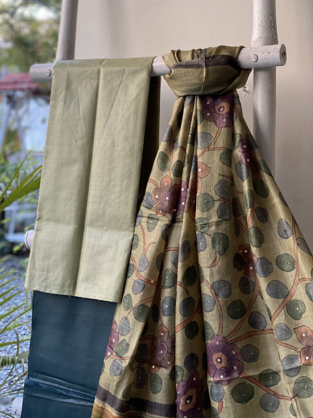 PISTA GREEN TUSSAR SILK HAND PAINTED DUPATTA SET