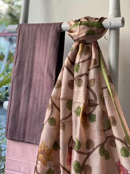MAUVE-PINK TUSSAR SILK HAND PAINTED DUPATTA SET