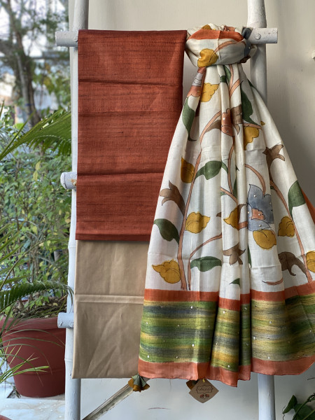 RUST-BEIGE TUSSAR SILK HAND PAINTED DUPATTA SET