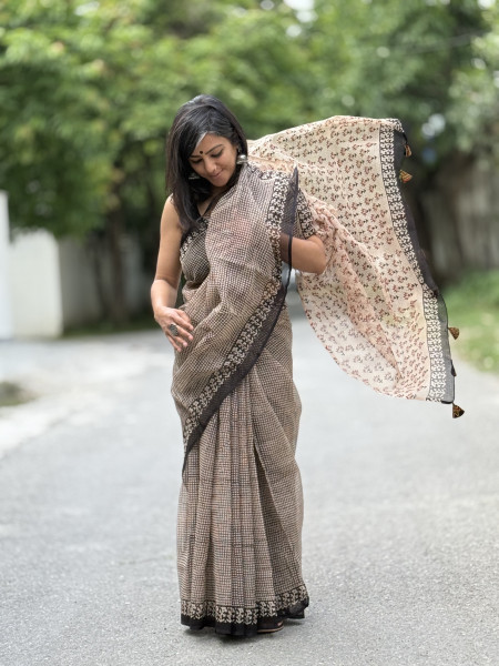 BEIGE-BLACK HAND BLOCK PRINT COTTON KOTA SARI