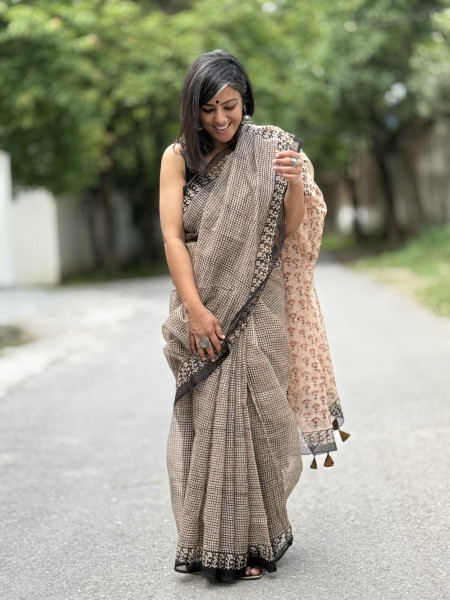 BEIGE-BLACK HAND BLOCK PRINT COTTON KOTA SARI