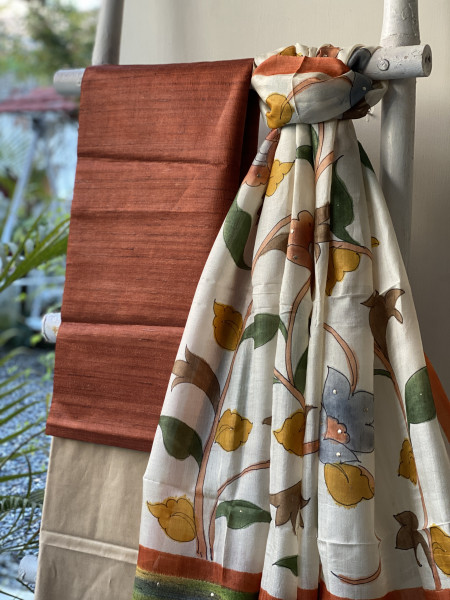 RUST-BEIGE TUSSAR SILK HAND PAINTED DUPATTA SET