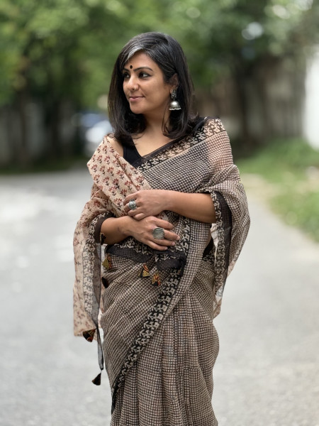 BEIGE-BLACK HAND BLOCK PRINT COTTON KOTA SARI