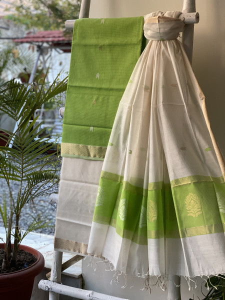 PARROT-GREEN & OFF WHITE MAHESHWARI SILK & COTTON ZARI BORDER WOVEN DUPATTA SET