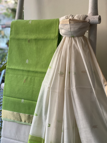 PARROT-GREEN & OFF WHITE MAHESHWARI SILK & COTTON ZARI BORDER WOVEN DUPATTA SET