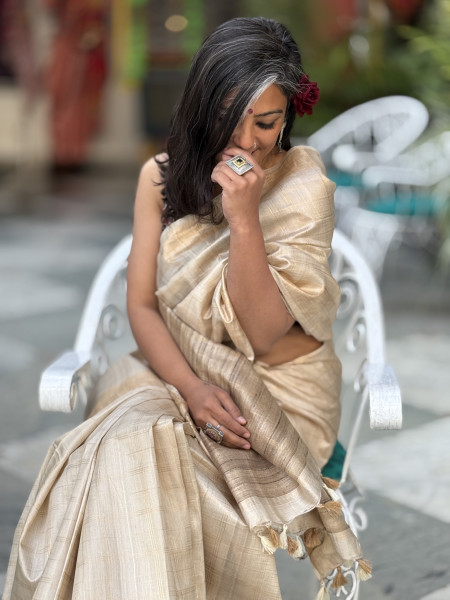 BEIGE KOSA SILK WOVEN ZARI SARI