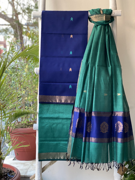 NAVY BLUE-TEAL MAHESHWARI SILK & COTTON ZARI BORDER WOVEN DUPATTA SET