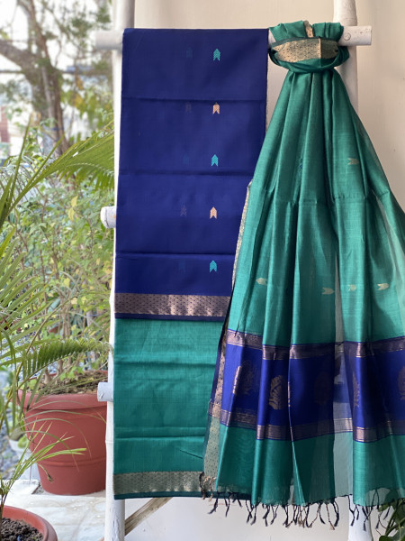 NAVY BLUE-TEAL MAHESHWARI SILK & COTTON ZARI BORDER WOVEN DUPATTA SET