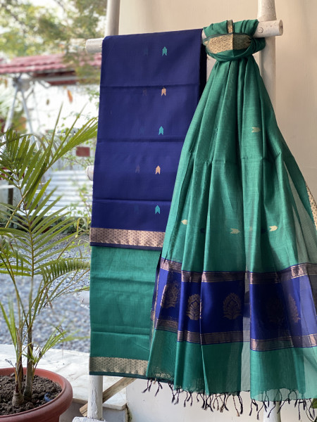 NAVY BLUE-TEAL MAHESHWARI SILK & COTTON ZARI BORDER WOVEN DUPATTA SET