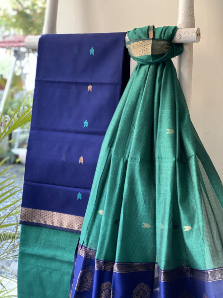 NAVY BLUE-TEAL MAHESHWARI SILK & COTTON ZARI BORDER WOVEN DUPATTA SET
