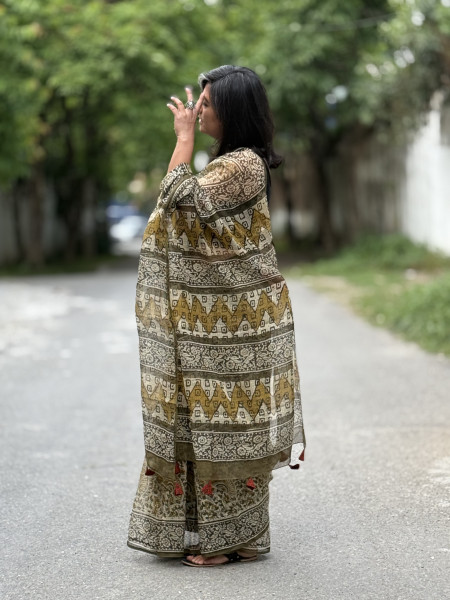BLACK-MUSTARD HAND BLOCK PRINT COTTON KOTA SARI