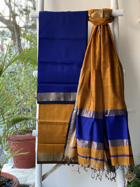 ELECTRIC BLUE-MUSTARD MAHESHWARI SILK & COTTON ZARI BORDER WOVEN DUPATTA SET
