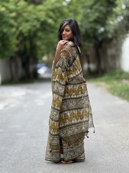BLACK-MUSTARD HAND BLOCK PRINT COTTON KOTA SARI