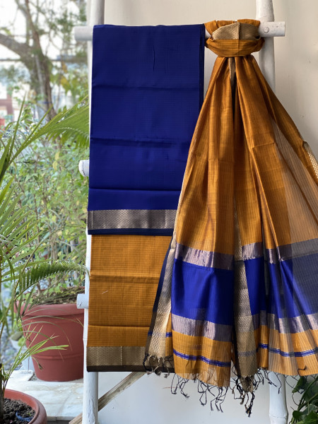 ELECTRIC BLUE-MUSTARD MAHESHWARI SILK & COTTON ZARI BORDER WOVEN DUPATTA SET