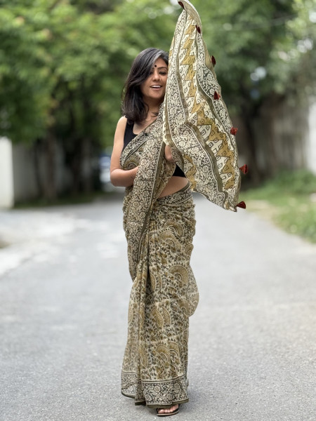 BLACK-MUSTARD HAND BLOCK PRINT COTTON KOTA SARI