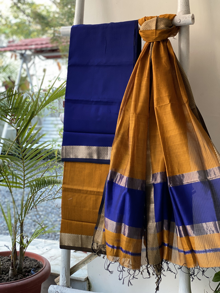 Image of ELECTRIC BLUE-MUSTARD MAHESHWARI SILK &amp; COTTON ZARI BORDER WOVEN DUPATTA SET