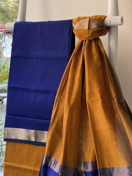 ELECTRIC BLUE-MUSTARD MAHESHWARI SILK & COTTON ZARI BORDER WOVEN DUPATTA SET