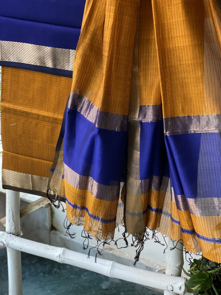 ELECTRIC BLUE-MUSTARD MAHESHWARI SILK & COTTON ZARI BORDER WOVEN DUPATTA SET