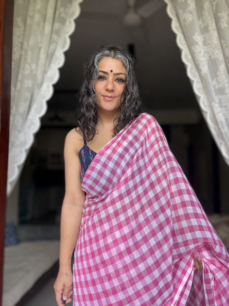 PINK GINGHAM CHECKS  MULMUL COTTON SARI