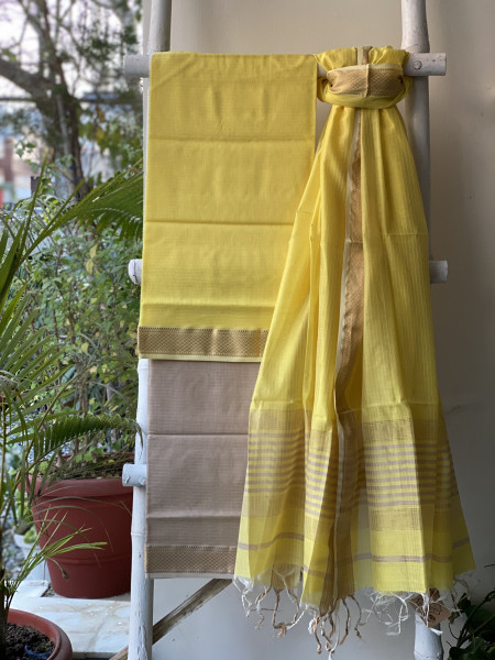 LEMON-BEIGE MAHESHWARI SILK & COTTON ZARI BORDER WOVEN DUPATTA SET