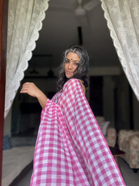PINK GINGHAM CHECKS  MULMUL COTTON SARI