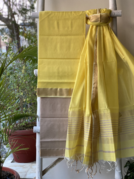 LEMON-BEIGE MAHESHWARI SILK & COTTON ZARI BORDER WOVEN DUPATTA SET
