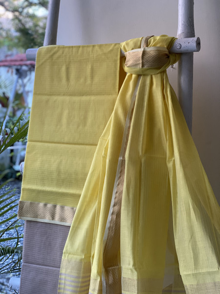 LEMON-BEIGE MAHESHWARI SILK & COTTON ZARI BORDER WOVEN DUPATTA SET