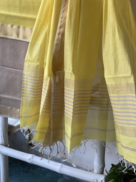 LEMON-BEIGE MAHESHWARI SILK & COTTON ZARI BORDER WOVEN DUPATTA SET