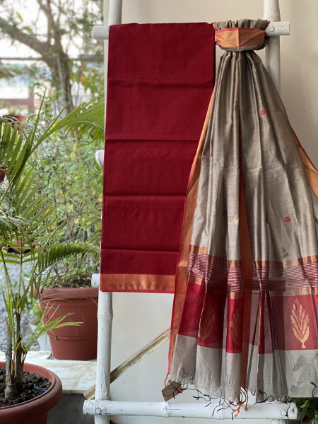 MAROON-GREY MAHESHWARI SILK & COTTON ZARI BORDER WOVEN SHIRT & DUPATTA SET