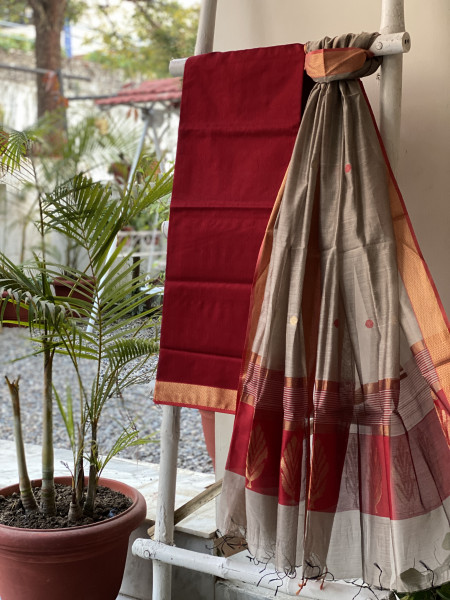 MAROON-GREY MAHESHWARI SILK & COTTON ZARI BORDER WOVEN SHIRT & DUPATTA SET