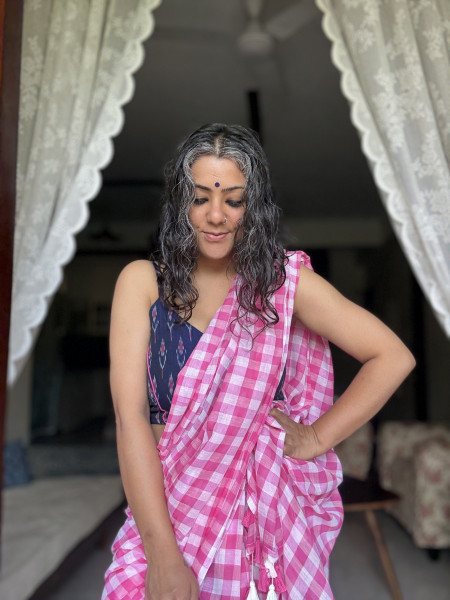 PINK GINGHAM CHECKS  MULMUL COTTON SARI
